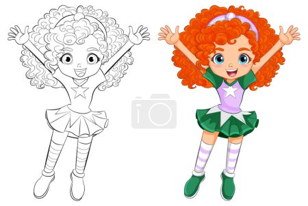 Illustration for Colorful and black and white cartoon girl vector. - Royalty Free Image