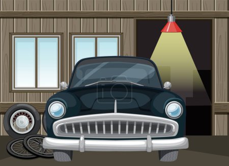 Téléchargez les illustrations : Voiture classique en entretien dans un garage rustique - en licence libre de droit
