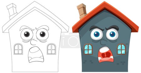 Illustration for Two animated houses showing surprised and angry emotions. - Royalty Free Image