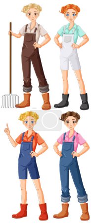Four cartoon farmers in various work outfits.