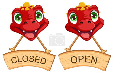 Cartoon dragon with open and closed signs.