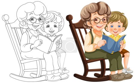 Téléchargez les illustrations : Vecteur coloré de grand-mère et enfant partageant un livre - en licence libre de droit