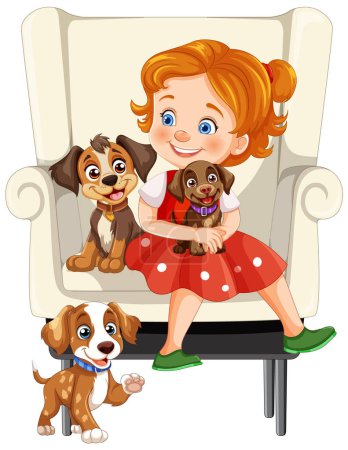 Cheerful girl sitting with three cute puppies.