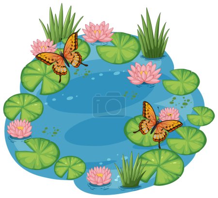 Illustration for Colorful butterflies hovering over a tranquil pond - Royalty Free Image