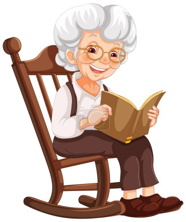 Mujer anciana sonriendo mientras lee en una mecedora