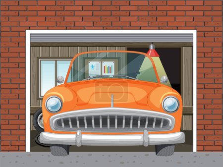 Ilustración de Coche naranja clásico dentro de un garaje residencial - Imagen libre de derechos