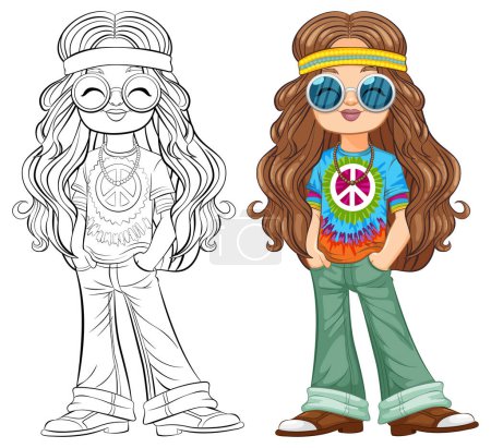 Colorful and outlined hippie girl characters