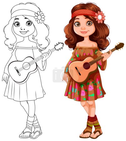 Téléchargez les illustrations : Art coloré et linéaire d'une fille tenant une guitare. - en licence libre de droit