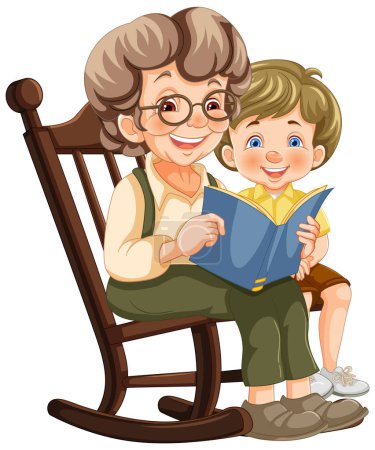 Téléchargez les illustrations : Femme âgée et jeune garçon profitant d'un livre ensemble - en licence libre de droit