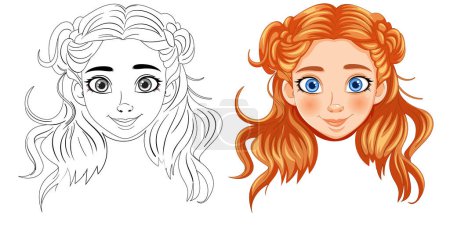 Illustration for Vector illustration of a girl, line art and colored version. - Royalty Free Image