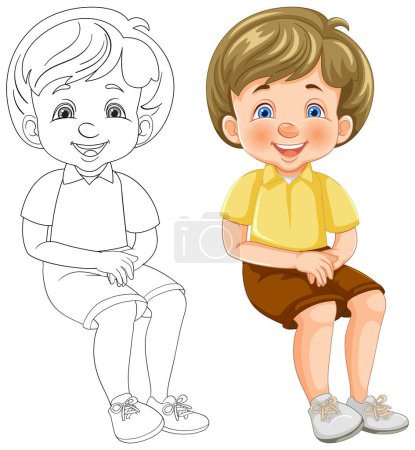 Téléchargez les illustrations : Illustration d'un garçon joyeux assis, coloré et contour. - en licence libre de droit