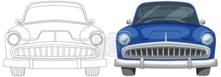 Illustration for Vector transformation from line art to colored car - Royalty Free Image