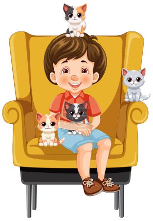 Téléchargez les illustrations : Garçon souriant assis avec quatre chats mignons sur la chaise. - en licence libre de droit