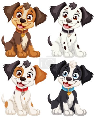 Illustration for Four cute animated puppies with playful expressions. - Royalty Free Image