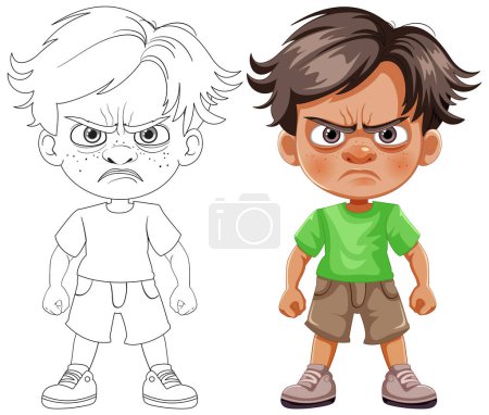 Ilustración de Dos chicos de dibujos animados con expresiones enojadas de pie. - Imagen libre de derechos
