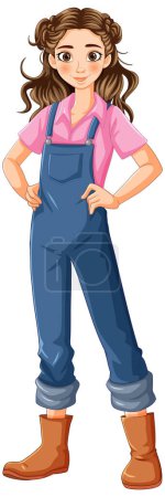 Cartoon of a woman in mechanic overalls standing.