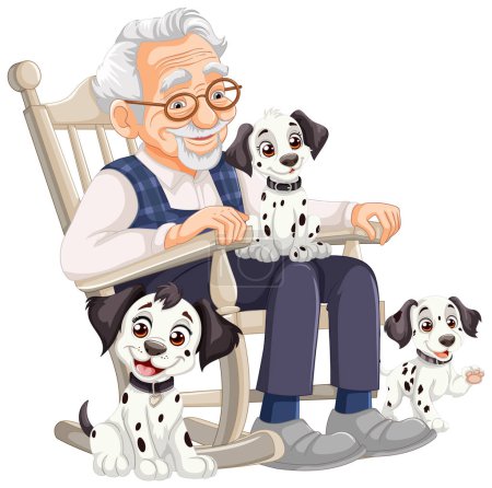 Illustration for Elderly man relaxing with three cute Dalmatian dogs - Royalty Free Image
