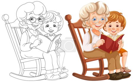 Colorful and sketch of grandma reading with child