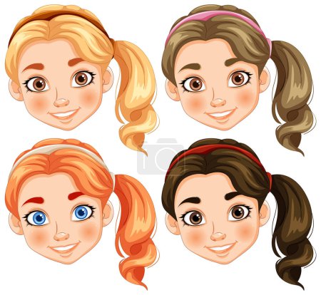 Téléchargez les photos : Illustration de quatre visages de dessins animés féminins différents. - en image libre de droit