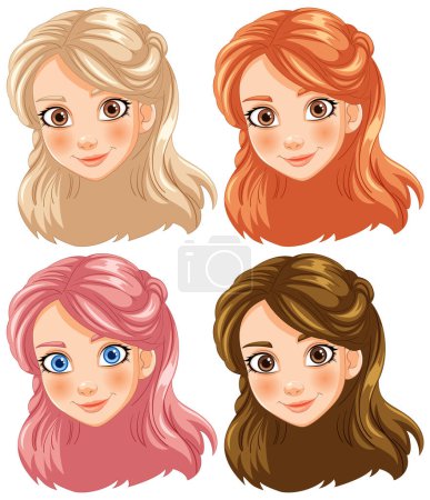 Four cartoon girl faces with different hairstyles