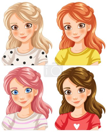 Téléchargez les illustrations : Quatre filles illustrées avec différentes coiffures et tenues. - en licence libre de droit