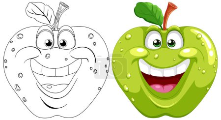 Téléchargez les photos : Illustrations de pommes souriantes colorées et en noir et blanc. - en image libre de droit