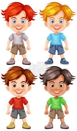 Téléchargez les photos : Quatre garçons de bande dessinée joyeux debout et souriant. - en image libre de droit