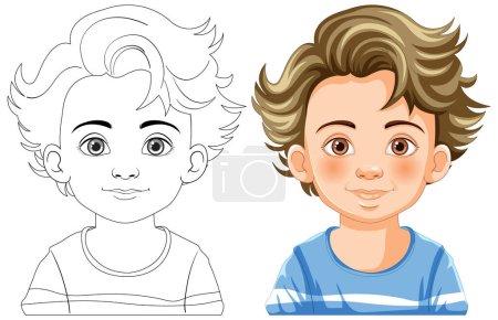 Ilustración de Ilustración vectorial de la cara de un niño, antes y después de colorear - Imagen libre de derechos
