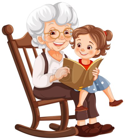 Téléchargez les illustrations : Femme âgée et enfant profitant d'un livre ensemble - en licence libre de droit