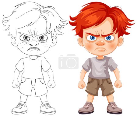 Téléchargez les illustrations : Couleur et contour d'un garçon dessin animé à l'air en colère - en licence libre de droit