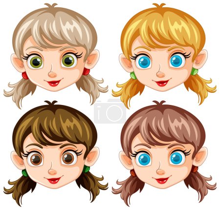 Cuatro caras femeninas de dibujos animados con diferentes peinados.