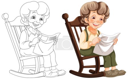 Téléchargez les illustrations : Illustrations d'art coloré et linéaire d'une femme âgée de contenu. - en licence libre de droit