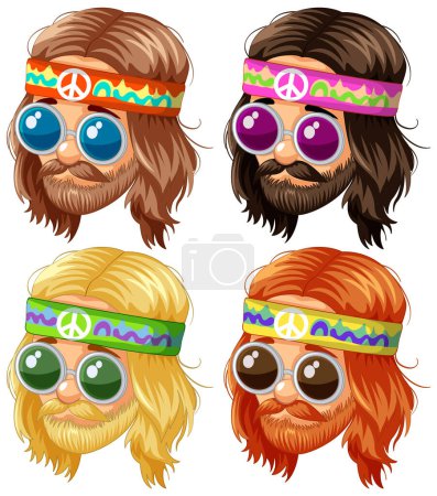 Illustration for Four hipster beards with vibrant peace sunglasses. - Royalty Free Image
