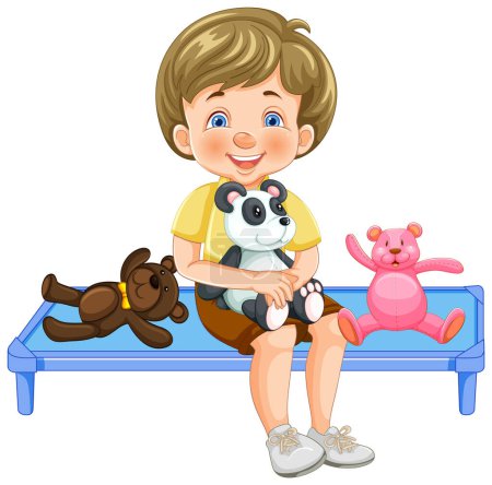 Garçon souriant assis avec des animaux en peluche sur un banc bleu