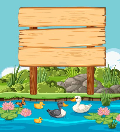 Ilustración de Patos de dibujos animados cerca de un letrero de madera en blanco. - Imagen libre de derechos