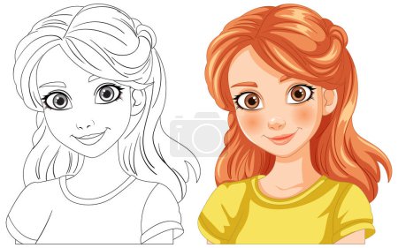 Ilustración de Ilustración vectorial de una niña, antes y después de colorear - Imagen libre de derechos