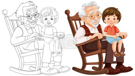 Colorful and sketch illustration of grandparent with child.