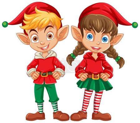Two happy elves in festive holiday attire.