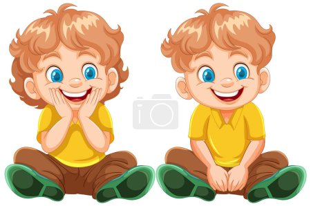 Téléchargez les illustrations : Deux garçons joyeux illustrés dans une pose assise - en licence libre de droit