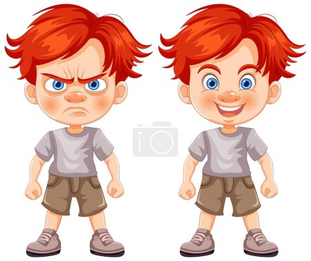 Vector illustration of boy showing anger and happiness.
