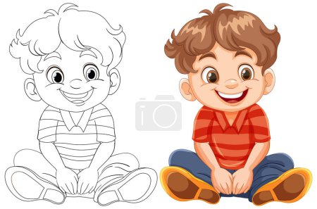 Téléchargez les illustrations : Illustration d'un garçon joyeux assis, coloré et contour. - en licence libre de droit