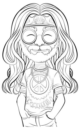 Téléchargez les illustrations : Dessin noir et blanc d'un hippie souriant. - en licence libre de droit