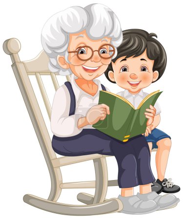 Téléchargez les illustrations : Femme âgée et enfant profitant d'un livre ensemble - en licence libre de droit
