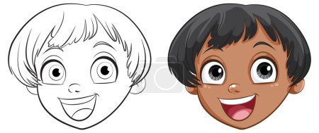 Téléchargez les illustrations : Deux visages d'enfants heureux, un coloré, un contour. - en licence libre de droit