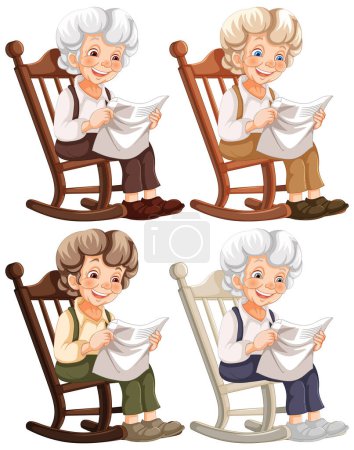 Ilustración de Cuatro ancianas tejiendo, sentadas en mecedoras. - Imagen libre de derechos