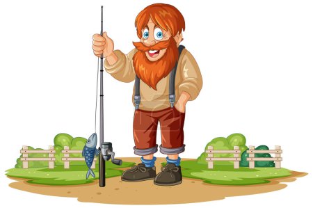 Illustration for Cartoon fisherman holding a fishing rod and fish. - Royalty Free Image