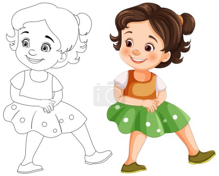 Illustration for Colorful and line art illustrations of a happy girl - Royalty Free Image