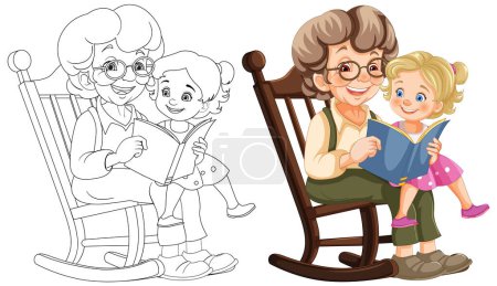 Illustration for Colorful and line art of grandma reading to child - Royalty Free Image