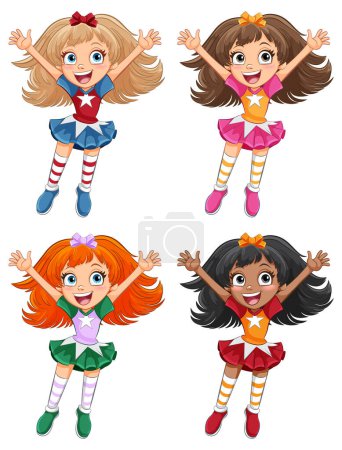 Quatre filles animées heureuses sautant avec excitation.