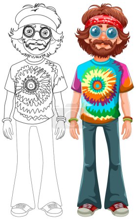 Colorful hippie with tie-dye shirt and headband.